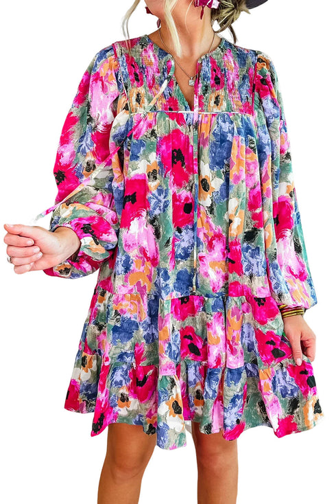 Multi-Color Floral Tie Neck Bubble Sleeve Shift Dress